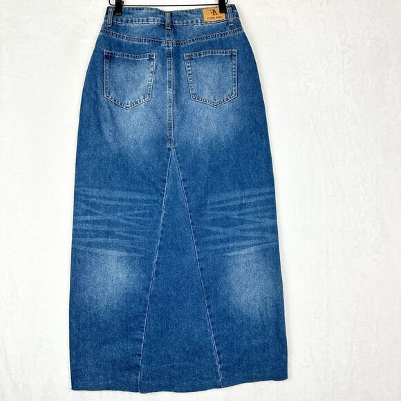 Flying Angel Slit Denim Maxi Skirt Size 27 Y2K Western Boho Stretch Medium Wash - Picture 2 of 6